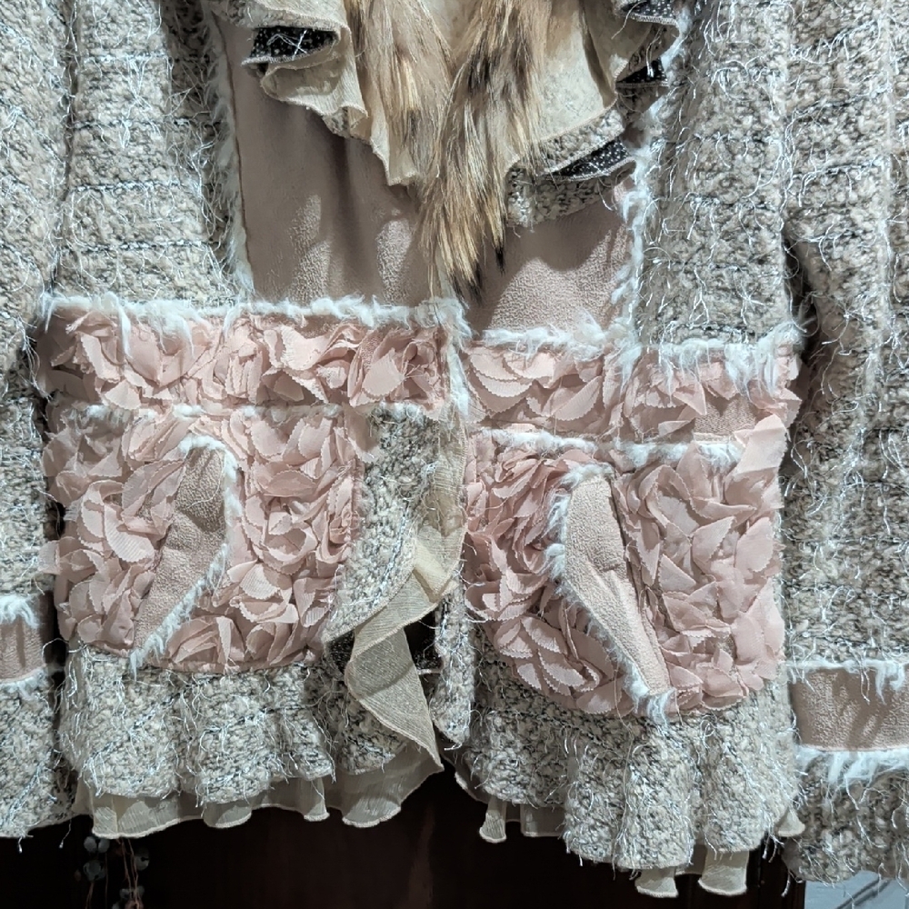 Textured Beige & Blush Ruffle Blazer with Faux Fur Trim - Picture 4 of 14